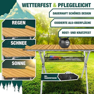 Складний кемпінговий стіл KESSER® 120x70 см з алюмінієвим каркасом та стільницею під дерево, до 100 кг, з сумкою для транспортування
