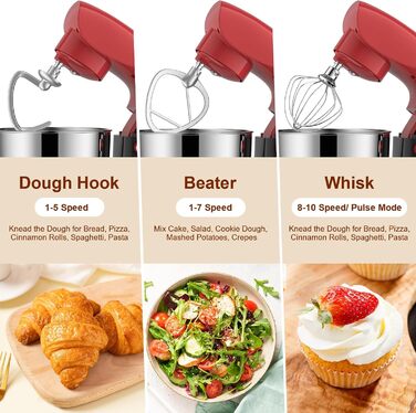 Кухонна машина-міксер Facelle 1500W з 5.5L та 4.5L чашами, 10+ програм, тиха робота, з набором насадок (червоно-сіра)
