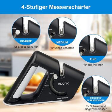 Точилка для ножів Adoric з 3 ступенів, вольфрамовий сталь, діамант, кераміка. Чорний колір