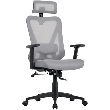 Крісло офісне Yaheetech ергономічне з регульованою підголівником, підлокітниками та поперековою підтримкою, поворотне, з можливістю нахилу 90°-130°, регульоване по висоті (світло-сірий)