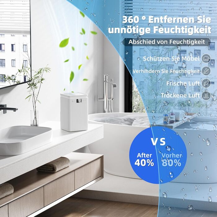 Електричний осушувач повітря 2.2L з LED дисплеєм, тихий, з таймером та підсвічуванням, авто-стоп та авто-розморожування, для спальні та ванної кімнати