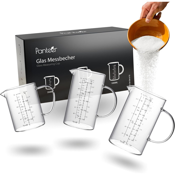 Measuring Cup Glass Set - 3 Pieces - High-Quality Handmade - Extremely Heat Resistant up to 150 Degrees - Suitable down to minus 20 Degrees - 1L, 500ml, 350ml - 2024