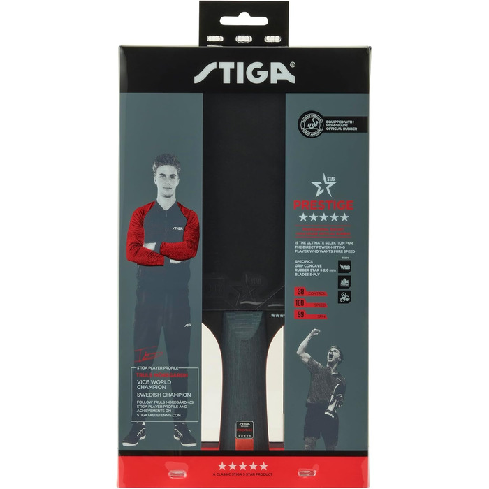 Тенісний настільний ракетковий набір STIGA Prestige 5-Star – професійний, висока швидкість, ITTF-сертифікована гума, 2.0 мм губка, WRB технологія, зручна ручка