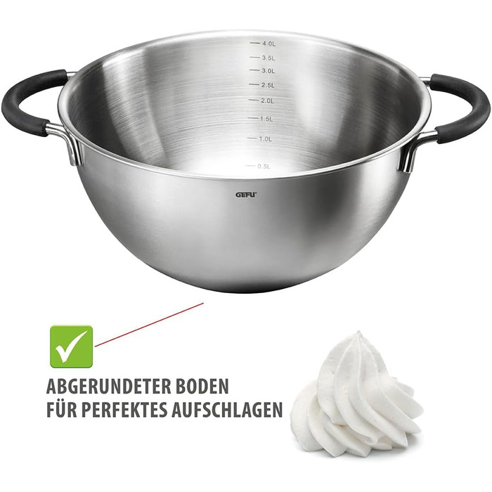 GEFU Mixing and Whisking Bowl MESCO – Stainless steel bowl with 4L volume, silicone handles & stand ring | With internal scale | Ø 24cm