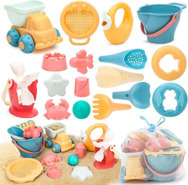 Sanlebi 17-Piece Beach Sand Toy Set with Water Wheel, Beach Buggy, Bucket, Mesh Bag, Sand Molds, Soft Plastic Toy Beach for Kids Boys Girls