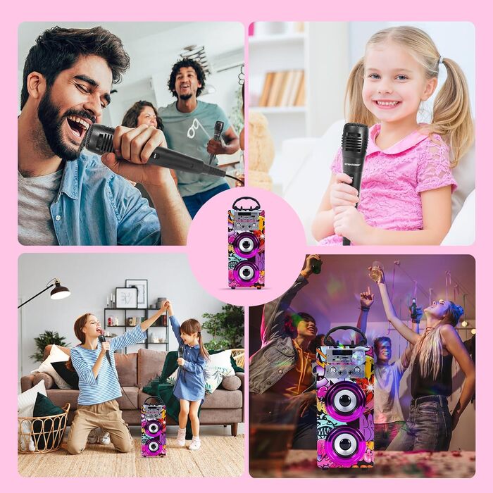 Караоке DYNASONIC з 2 мікрофонами, портативна караоке-машина, Bluetooth-колонки, USB та SD-картрідер, світлові ефекти, подарунок для дітей 5-13 років (025-12 Licht)