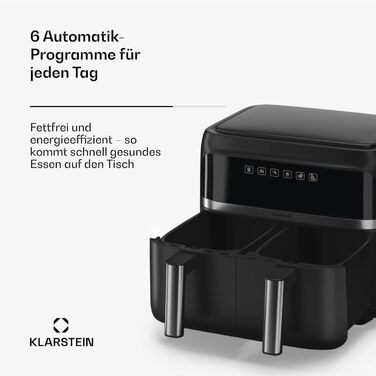 Klarstein Air Fryer, Dual Chamber Hot Air Fryer, 2850W Compact Air Fryer, 7.6L Air Fryer with Touch Control Panel, Timer, Preheat, 6 Modes, Large Hot Air Fryer, Air Fryer XL Black Duo Basic