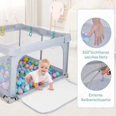 DREAMADE Playpen Baby, 126 x 126 cm Playard Folding with 50 Play Balls & 4 Pull Rings, Safety Net with Breathable Mesh & Zipper (Light Grey)