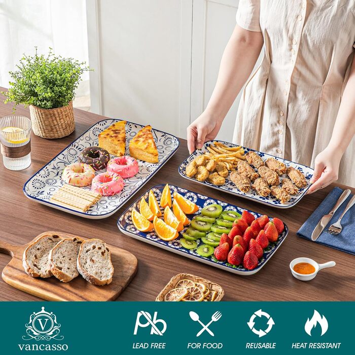 Набір сервірувальних тарілок Vancasso SELENE, 3 шт., блакитно-білий, для свят, сніданків, фуршетів