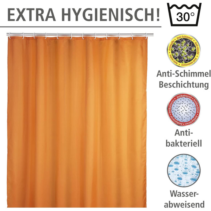 Штора для душу WENKO Anti-Schimmel (антигрибкова), текстильна, 180x200 см, помаранчева, з кільцями