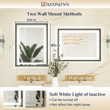 Дзеркало для ванної кімнати Keonjinn з підсвічуванням, чорний металевий каркас 60x80 см, антизапітніння, LED, сенсорне управління, 3 кольори світла, регулювання яскравості, функція пам'яті, настінне дзеркало