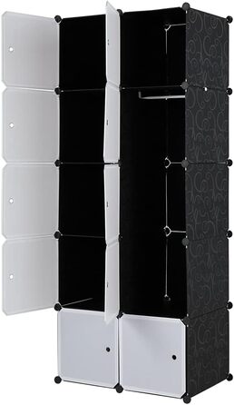 Regal system, 10 cubes, plastic wardrobe with doors, modular cabinet for space-saving storage, 70 x 45 x 175 cm, white door & black cabinet, for storing clothes, shoes, etc.
