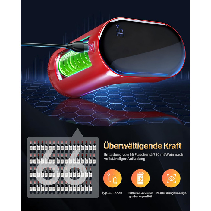 Електричний декантер для вина 5-в-1 з регулюванням дозування та цифровим виливом, автоматичний розливач вина, подарунок на День народження/День Святого Валентина (червоне)