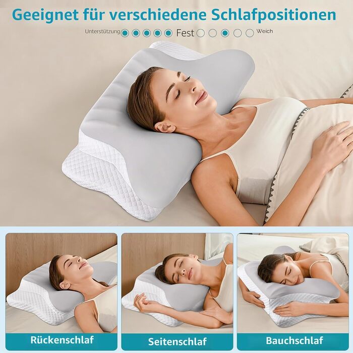 Ергономічна ортопедична подушка для шиї з ефектом пам'яті (Memory Foam) для полегшення болю та підтримки шиї, охолоджуюча подушка для сну, сіро-біла