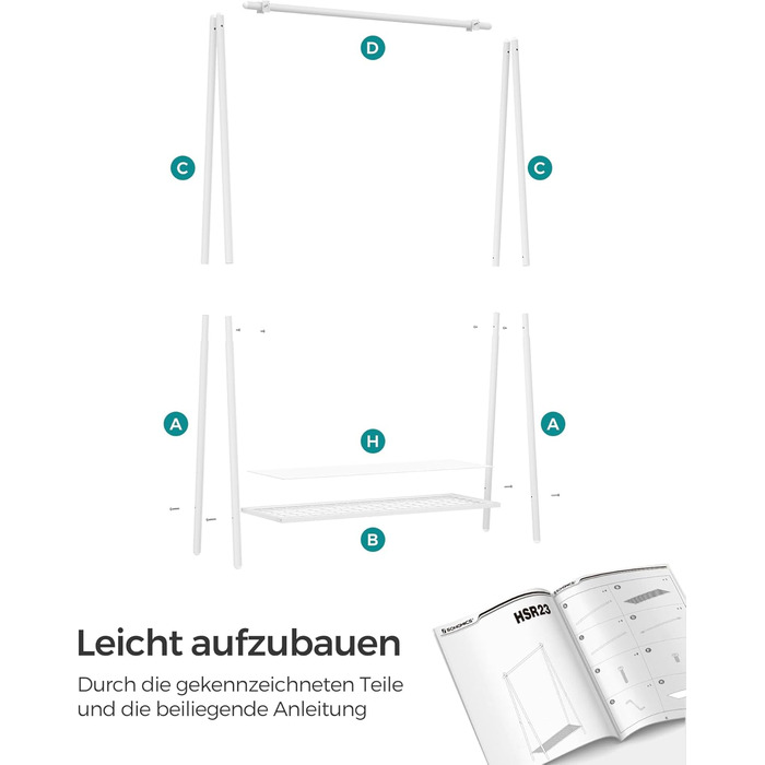 SONGMICS Clothes Rack, Coat Rack, Wardrobe, Clothes Storage, Steel Frame, with Rail and Shelf, 33.5 x 92.5 x 153 cm, for Bedroom, Wardrobe, Laundry Room, White HSR023W01