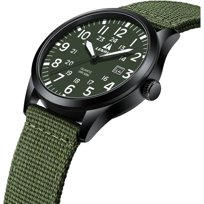 Годинник чоловічий LN LENQIN Military 30M водонепроникні годинники з датою, тактичний годинник для спорту, армійський стиль, ремінець з нейлону (зелений, чорний, білий)