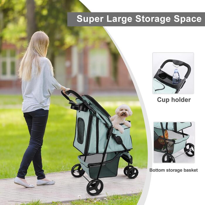 Дитяча коляска для тварин, складна, для котів/собак, з кошиком для зберігання та тримачем для напоїв, 3 колеса, для собак та котів, для маленьких або середніх собак, котів, цуценят (Блакитно-зелений)