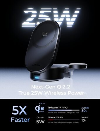 Зарядна станція LISEN 3-в-1 MagSafe 25W з адаптером 45W для iPhone 17/16/15/14/13, Apple Watch та AirPods Qi2.2