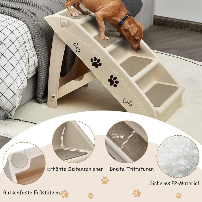 Сходинка для тварин GYMAX з 4 сходинками, розкладні сходи для собак і котів з антиковзкими підкладками, 4 килимки та трикутна структура (Бежевий)