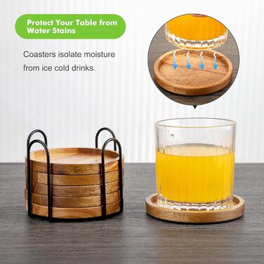 Acacia wood coasters with holder, wooden coaster set for glasses (6-piece), coasters for drinks, bar, cups, glass