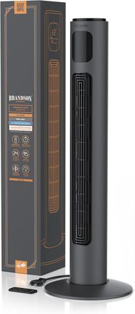 Brandson ECO Tower Fan - Silent DC Motor, 12 Speed, Remote Control, Timer, Energy Efficient, Cool Grey