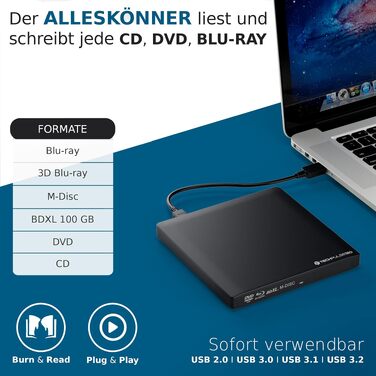 Зовнішній Blu-ray привід techPulse120 USB 3.0 Type-C, запис 3D M-Disc BDXL 100GB, Slim Superdrive для ноутбуків та ПК (Windows, MacOS, MacBook, iMac), алюміній, чорний