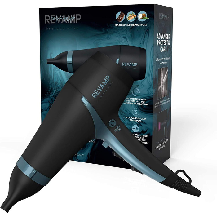 Фен REVAMP 5000 Haartrockner: потужний 2400W фен з прогрівом, 4 температурні та 2 швидкості, кнопка холодного повітря, олія для блиску, Progloss 4000 Advanced Protect & Care Dryer