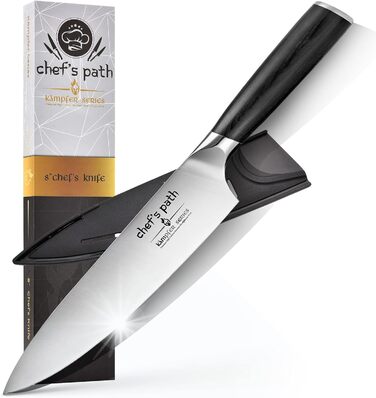 Кухонний ніж Chef's Path 20 см з німецької нержавіючої сталі — універсальний професійний ніж для м'яса, з ергономічною ручкою, чохлом і подарунковою коробкою, для різання та рубання