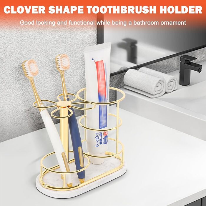HarJue Toothbrush Holder for Bathroom, Metal Toothbrush Organizer with Marble Base, Toothbrush Storage Collection for Family, Suitable for Home, Hotel, Countertop, Vanity