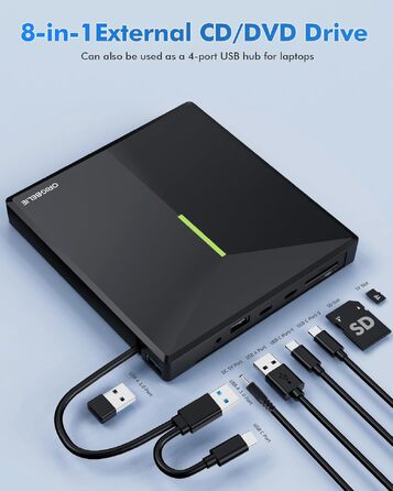 Зовнішній DVD/CD привід ORIGBELIE з 4 USB-портами та 2 слотами для TF/SD карт, USB 3.0, портативний для ноутбука, MacBook, PC (Windows, Linux, Mac OS)