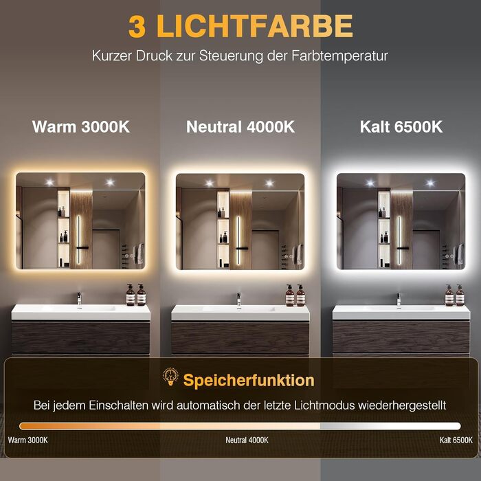 Дзеркало для ванної кімнати з підсвічуванням LED, 100x60 см, 3 кольори світла, диммування, пам'ять, сенсорне керування, IP44, вологостійке