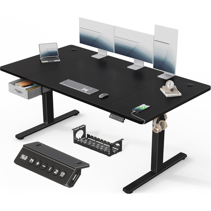 Регульований стіл Devoko 160x80 см з висувними ящиками, USB-порт, органайзер для кабелів, стоячий стіл з 3 функціями пам'яті, білий (чорний)