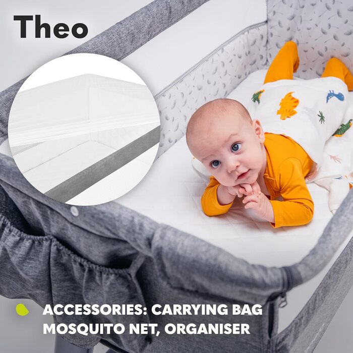 Lionelo Theo 2in1 Baby Cot, Travel Cot for Baby, Crib for Baby from Birth up to 9 kg, Height Adjustment, Recline Adjustment, Foldable Side Rail, Mattress, Mosquito Net (Dark Grey) Dark Grey 1 Piece (1-Pack)