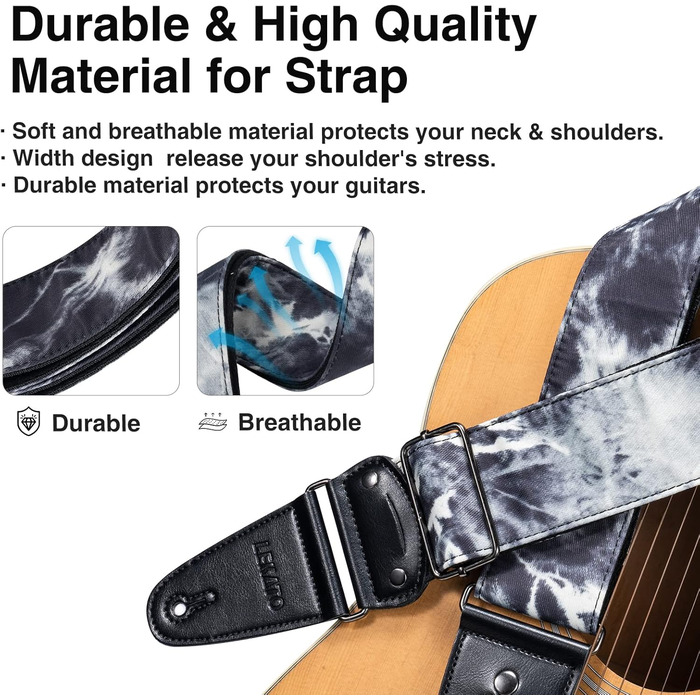 Гітарний ремінь LEKATO, смугастий, 6.7 см, з регулюванням, з шкіри, з кишенькою для медіатора та 6 медіаторів/фіксаторами ремінця - для бас-гітари, електро- та акустичної гітари (Колір: Nebel)