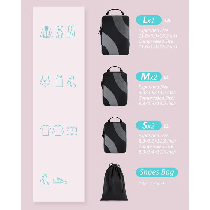 Органайзери для валізи BAGSMART компресійні, набір 6 шт., чорні - ідеальний органайзер для подорожей та ручної поклажі