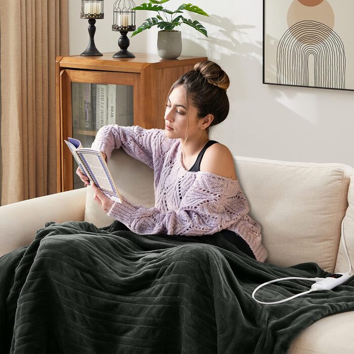 Електрична гріюча ковдра Arebos 200x180 см з таймером та захистом від перегріву | Плюшева, машинна стирка, 9 рівнів нагріву, антрацит