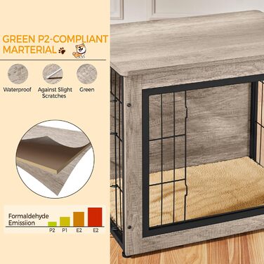 Yaheetech Modern Dog Crate Furniture with Blanket & 2 Doors - Indoor Wooden Dog House for Living Room - Grey, 69x51x61 cm
