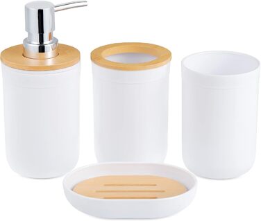 Набір аксесуарів для ванної кімнати з бамбука (4 шт): стакан для зубної пасти, тримач для зубних щіток, стакан для ополіскувача, дозатор для лосьйону, мильниця (білий)