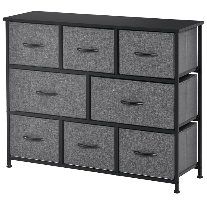 HOMCOM 8-Drawer Fabric Chest of Drawers Storage Cabinet Dresser with Handles, Metal Frame, Modern Design Closet for Bedroom, Living Room Dark Grey | Aosom