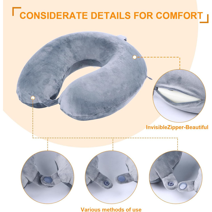 Подушка для шиї, 100% Memory Foam, U-подібна форма, сіра. Для подорожей, авто, дому, офісу.