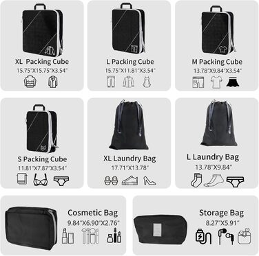 Органайзер для валізи, набір 6 шт. Компресійні кубики для пакування, дорожній органайзер, чорний (8 шт.)