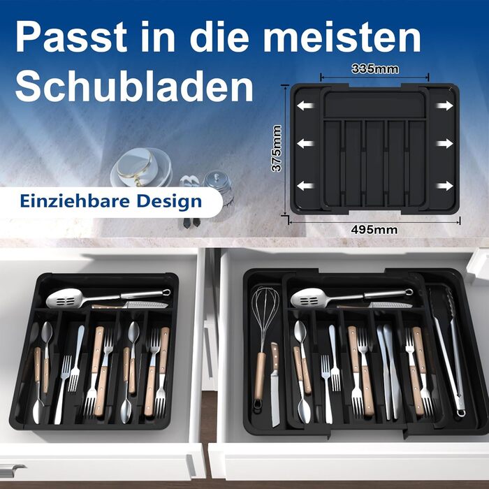 Органайзер для столових приборів в шухляду 40 см, чорний, пластиковий, з регульованими перегородками (6-8 відділень)
