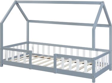 en.casa Kinderbett Sisimiut House Bed 90 x 200 cm with Fall Protection Wooden Bed for Children Floor Bed Slatted Frame Pine Wood Light Grey/White Light Grey / White 90x200 cm