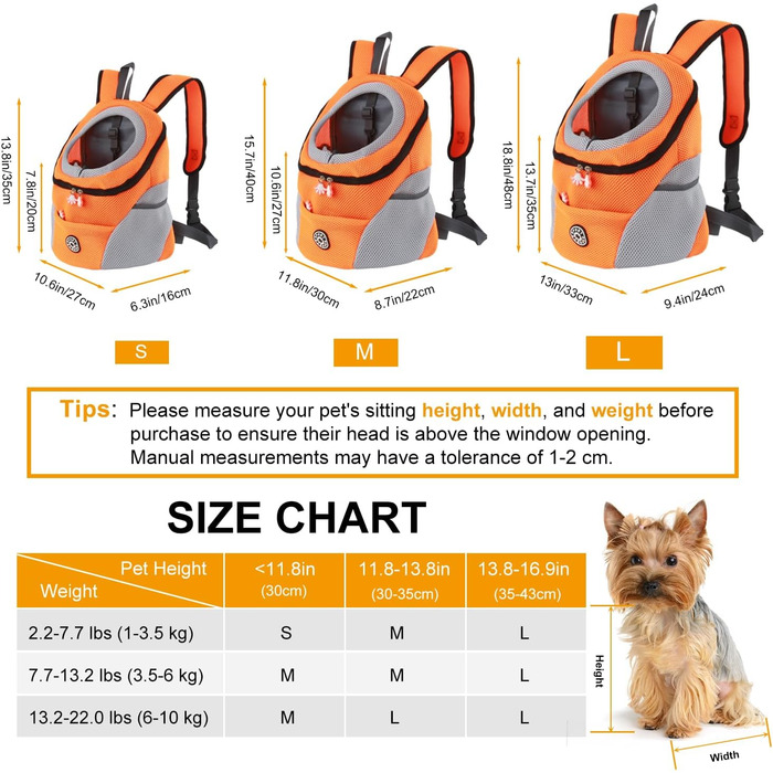 Шлейка для собак та цуценят, переноска-рюкзак, дихаюча, для прогулянок та походів (L, помаранчевий)