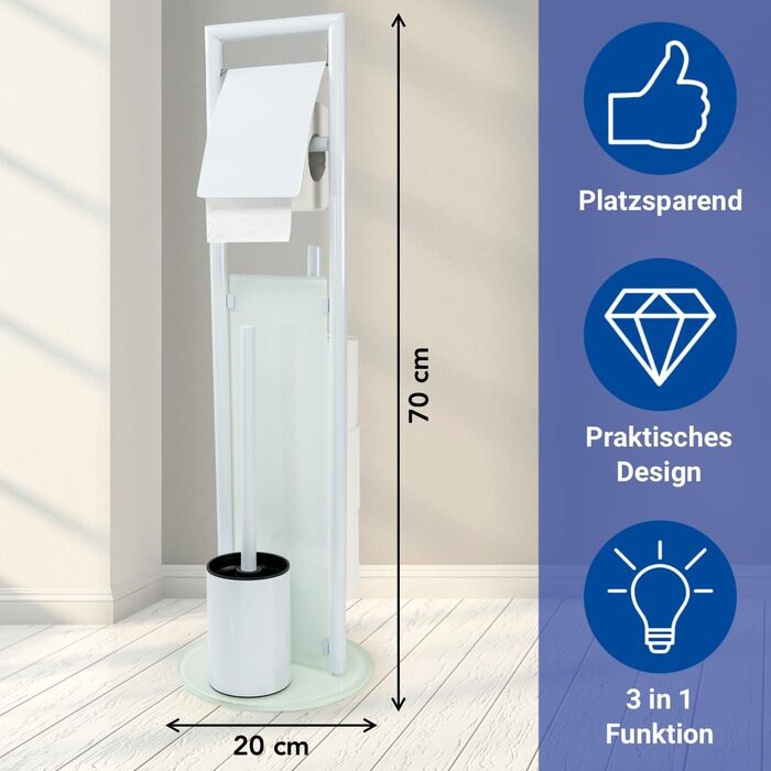 Набір для туалету WENKO Ravina 3-в-1, білий: щітка, тримач туалетного паперу, місце для 3 рулонів | Нержавіюча сталь та скло | 20 x 70 см