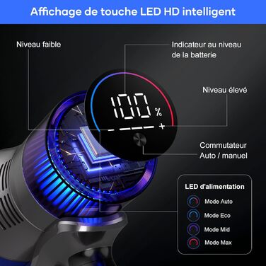 Бездротовий пилосос REBANIC S18 Max з дисплеєм, 600 Вт, 75 хвилин роботи, 58000 Па, об'єм контейнера 2 л, для твердих підлог, килимів, шерсті тварин, блакитний