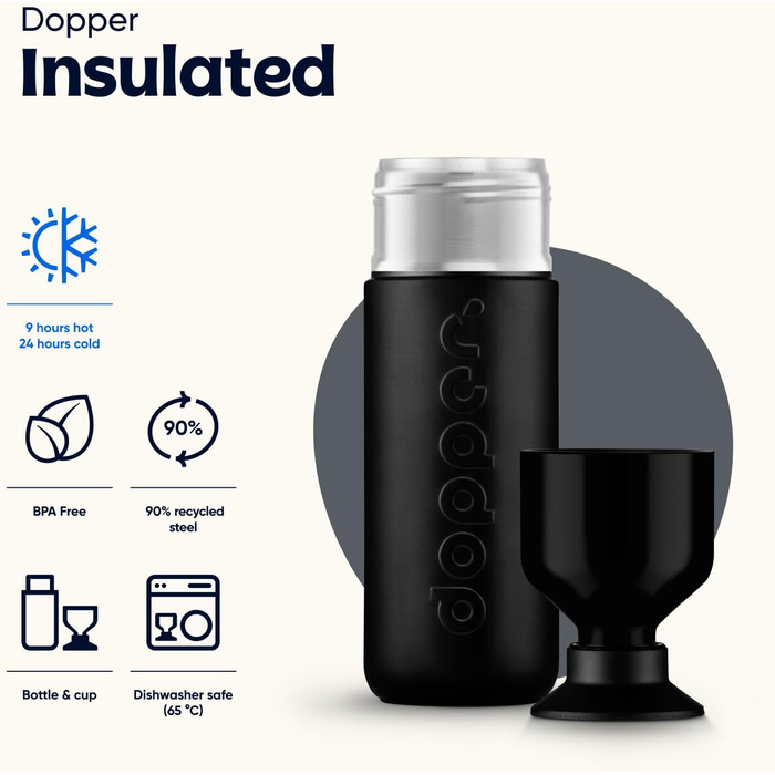 Dopper Insulated Stainless Steel Thermos Bottle - 580ml, Leak-Proof, 24h Cold/9h Hot - Black