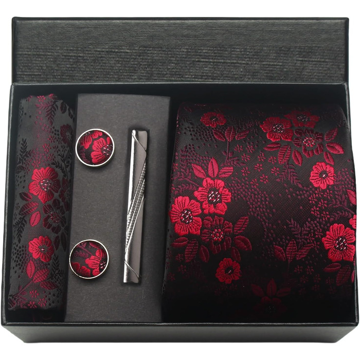 Чоловічий краватковий комплект: краватка з квітковим візерунком пейзлі, нагрудна хустинка, затискачі для краваток та запонок. Чорно-червоний колір, подарункова коробка.
