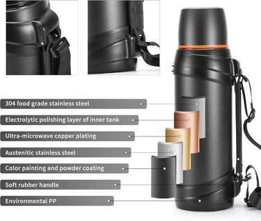 Термос-пляшка з нержавіючої сталі, 2.5 л, з кришкою-чашкою, зберігає тепло 24 год, холод 24 год, без BPA (чорна)