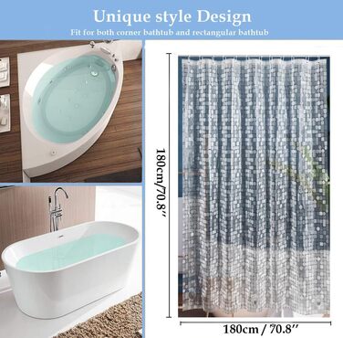 Шторка для душу LEMON CLOUD з антигрибковим покриттям, 183x183 см, водонепроникна, антибактеріальна, PEVA, з магнітною основою та 12 кільцями